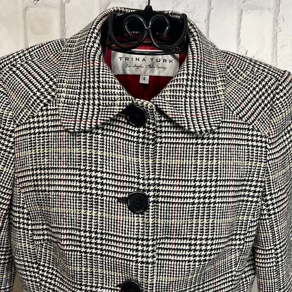 Trina Turk Blazer Plaid Wool Blend Cropped Fully Lined 3/4 Sleeve 3-Button - Picture 5 of 12